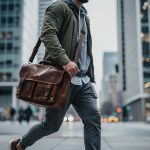 Un homme actif en tenue urbaine marche dans un quartier d’affaires moderne, portant une grande sacoche en cuir en bandoulière.