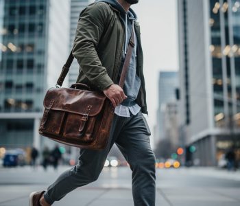 Un homme actif en tenue urbaine marche dans un quartier d’affaires moderne, portant une grande sacoche en cuir en bandoulière.