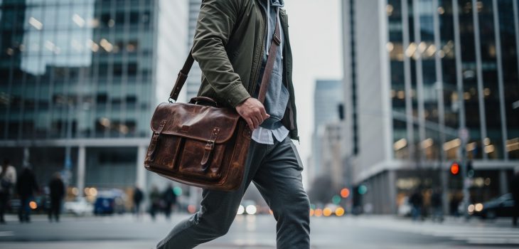 Un homme actif en tenue urbaine marche dans un quartier d’affaires moderne, portant une grande sacoche en cuir en bandoulière.