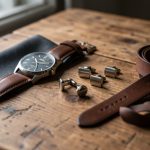 Accessoires masculins élégants disposés sur une table en bois, avec une ambiance urbaine chic et sobre et une lumière naturelle douce.
