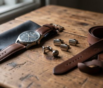 Accessoires masculins élégants disposés sur une table en bois, avec une ambiance urbaine chic et sobre et une lumière naturelle douce.