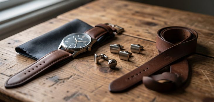 Accessoires masculins élégants disposés sur une table en bois, avec une ambiance urbaine chic et sobre et une lumière naturelle douce.