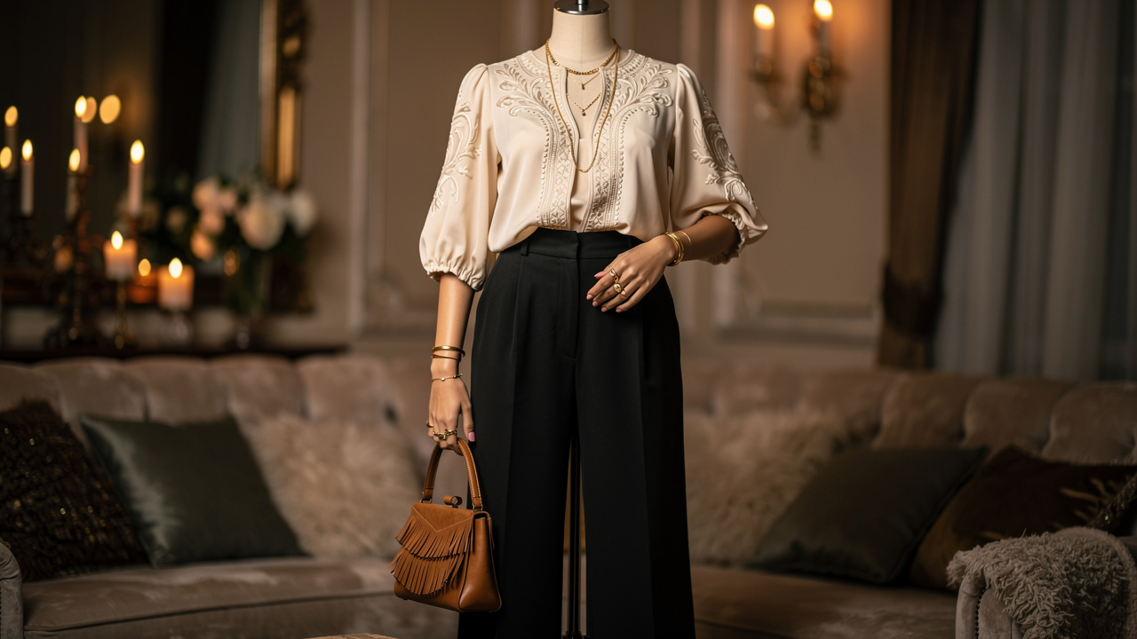 Tenue bohème chic composée d’un pantalon évasé noir, d’une blouse brodée crème, de bijoux dorés fins et d’un petit sac à franges, présentée dans un décor de soirée élégant.