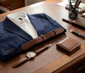 Tenue professionnelle masculine élégante avec veste bleu marine, chemise blanche, montre classique, ceinture et portefeuille en cuir, disposés avec des accessoires de bureau sur un bureau en bois.