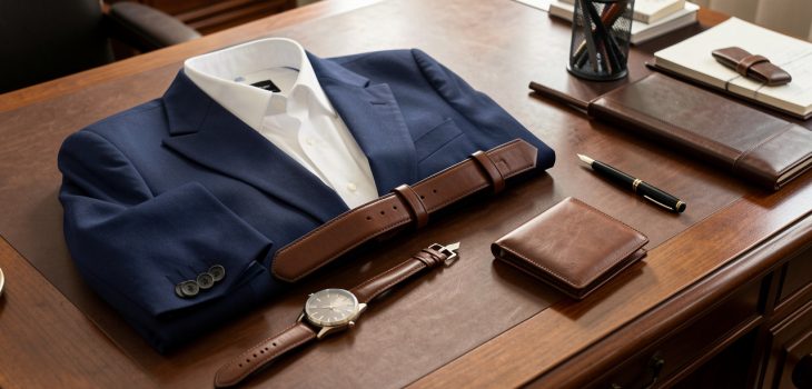 Tenue professionnelle masculine élégante avec veste bleu marine, chemise blanche, montre classique, ceinture et portefeuille en cuir, disposés avec des accessoires de bureau sur un bureau en bois.