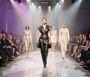 Défilé de mode contemporain à Paris avec des mannequins et des invités élégants dans une ambiance créative éclairée par des projecteurs.