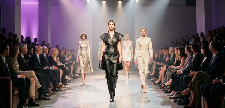 Défilé de mode contemporain à Paris avec des mannequins et des invités élégants dans une ambiance créative éclairée par des projecteurs.