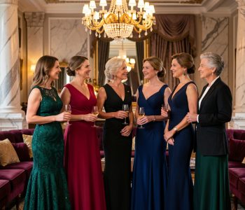 Groupe élégant de femmes portant des tenues de soirée variées dans un intérieur luxueux et raffiné.