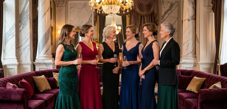 Groupe élégant de femmes portant des tenues de soirée variées dans un intérieur luxueux et raffiné.