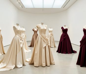 Plusieurs robes de soirée contemporaines inspirées de silhouettes historiques, présentées sur des bustes dans une galerie lumineuse, avec satin, drapés sculpturaux et volumes couture.
