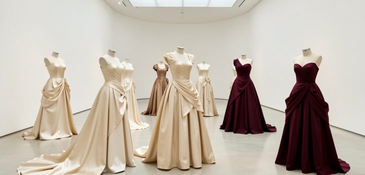 Plusieurs robes de soirée contemporaines inspirées de silhouettes historiques, présentées sur des bustes dans une galerie lumineuse, avec satin, drapés sculpturaux et volumes couture.