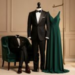 Sélection élégante de tenues de soirée formelles comprenant un costume noir, une chemise blanche, un nœud papillon, des chaussures habillées et une longue robe vert émeraude.
