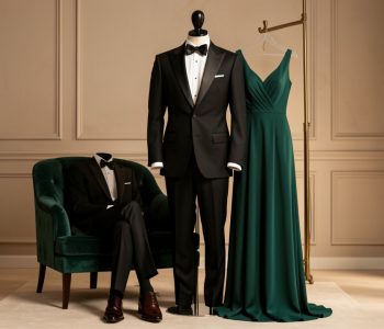 Sélection élégante de tenues de soirée formelles comprenant un costume noir, une chemise blanche, un nœud papillon, des chaussures habillées et une longue robe vert émeraude.