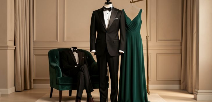Sélection élégante de tenues de soirée formelles comprenant un costume noir, une chemise blanche, un nœud papillon, des chaussures habillées et une longue robe vert émeraude.