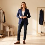 Femme élégante dans un dressing lumineux, portant un blazer marine, un jean droit brut et des mocassins en cuir.