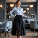 Femme élégante portant une chemise bleu pâle et une jupe noire transparente superposée, photographiée dans une ambiance de cocktail feutrée.