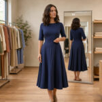 Une femme essaie une élégante robe midi bleu nuit dans une boutique de mode écoresponsable lumineuse, entourée de portants de vêtements en fibres naturelles.