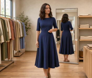 Une femme essaie une élégante robe midi bleu nuit dans une boutique de mode écoresponsable lumineuse, entourée de portants de vêtements en fibres naturelles.