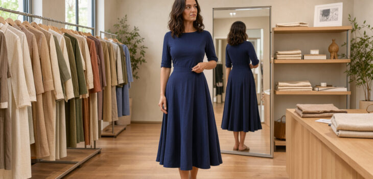 Une femme essaie une élégante robe midi bleu nuit dans une boutique de mode écoresponsable lumineuse, entourée de portants de vêtements en fibres naturelles.