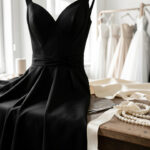 Robe de soirée noire suspendue dans un atelier de couture lumineux, entourée de rubans, de perles et d’outils de couture disposés sur une table.