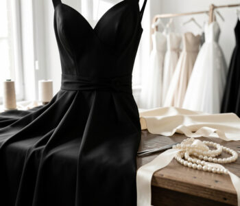 Robe de soirée noire suspendue dans un atelier de couture lumineux, entourée de rubans, de perles et d’outils de couture disposés sur une table.