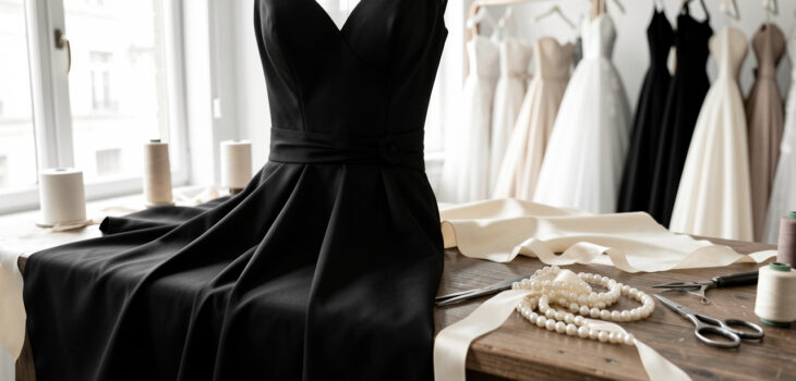 Robe de soirée noire suspendue dans un atelier de couture lumineux, entourée de rubans, de perles et d’outils de couture disposés sur une table.