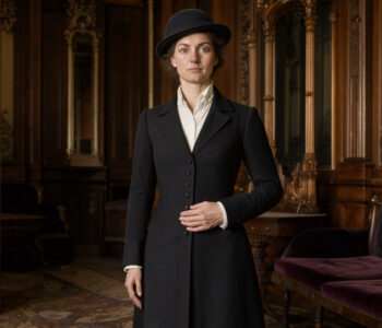 Femme adulte en redingote noire cintrée, chemise blanche et chapeau de feutre, debout dans un élégant salon victorien éclairé comme une photographie de mode.