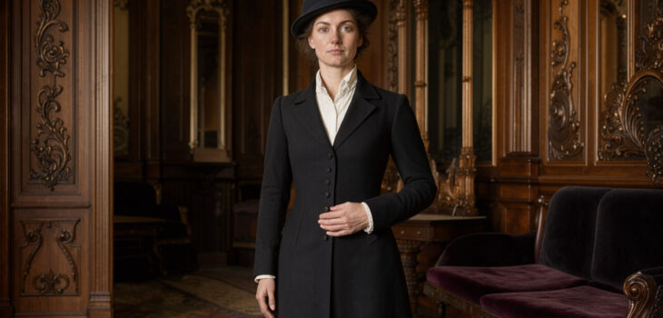 Femme adulte en redingote noire cintrée, chemise blanche et chapeau de feutre, debout dans un élégant salon victorien éclairé comme une photographie de mode.